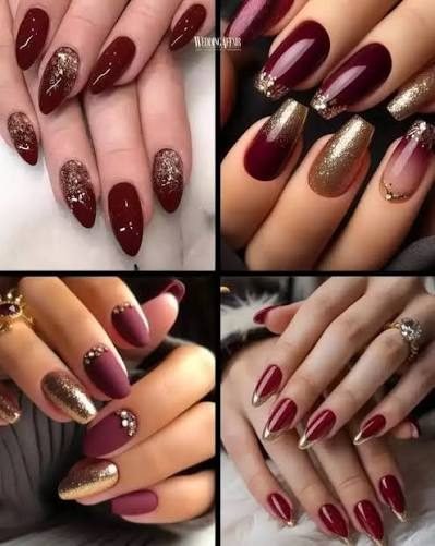 Burgundy glam nail art with gold foil detail
