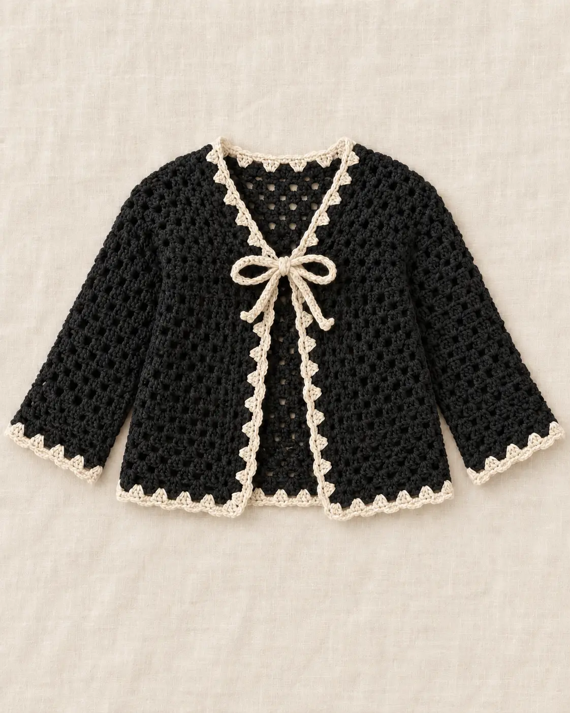 Ivory-Trimmed Black Crochet Cardigan