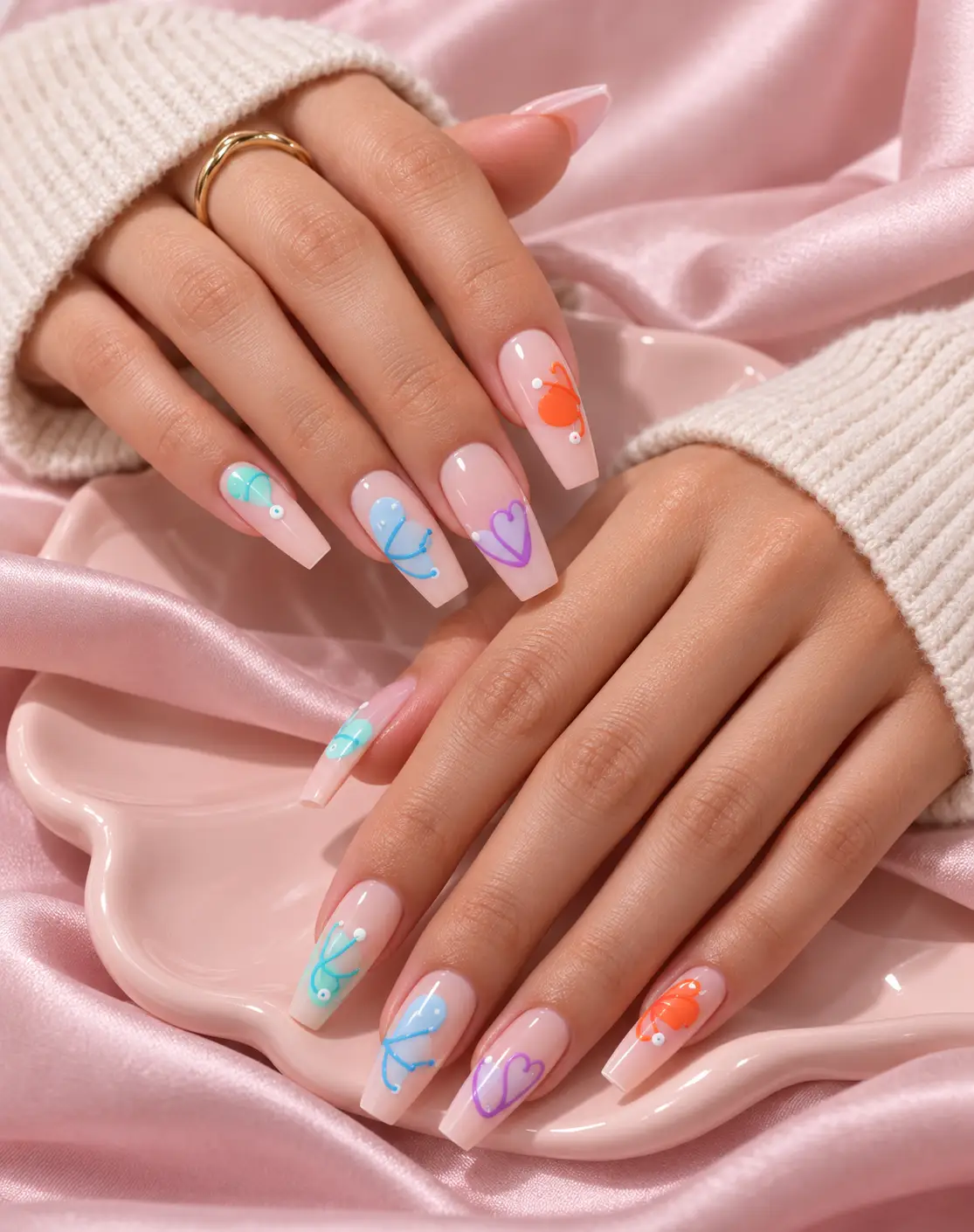 Blush Coffin Nails with Colorful Stethoscopes-15