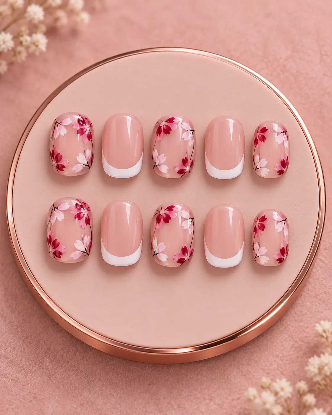 Rose Gold Floral French Tip Nails-1