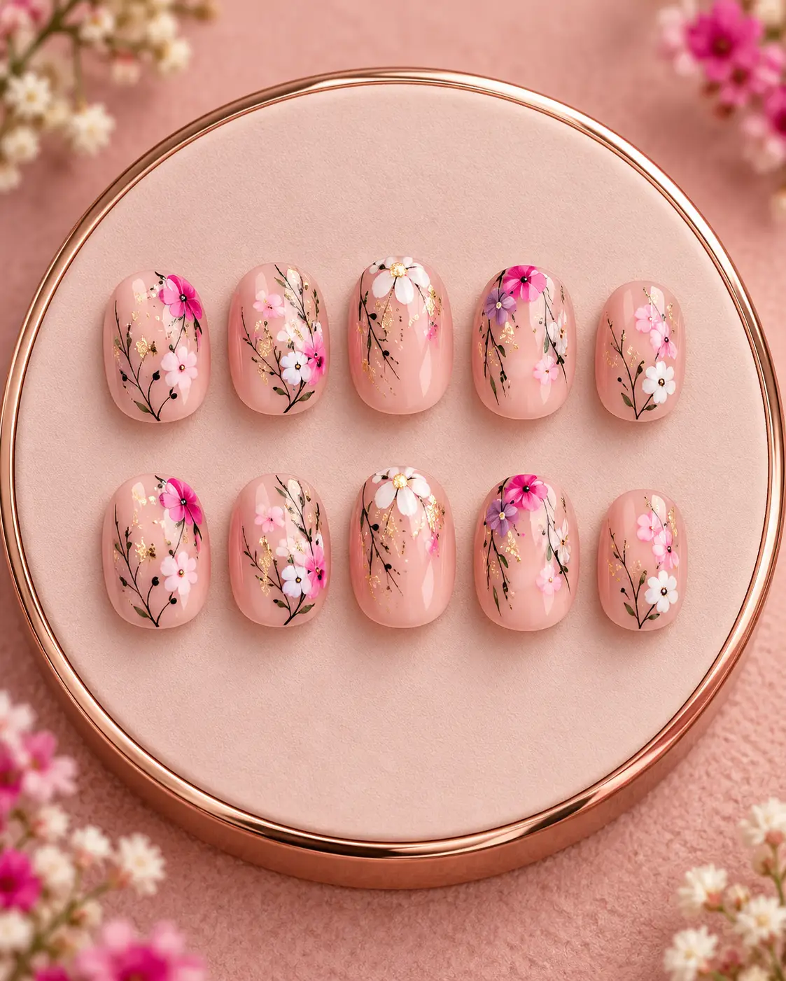 Botanical nude nails on rose gold-4