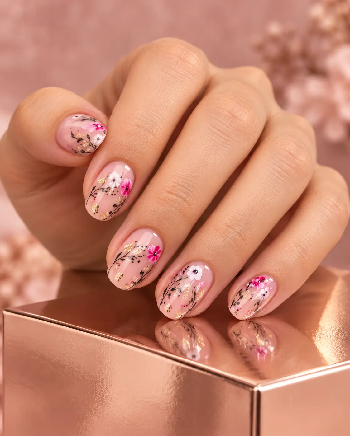 Botanical nude nails on rose gold-4