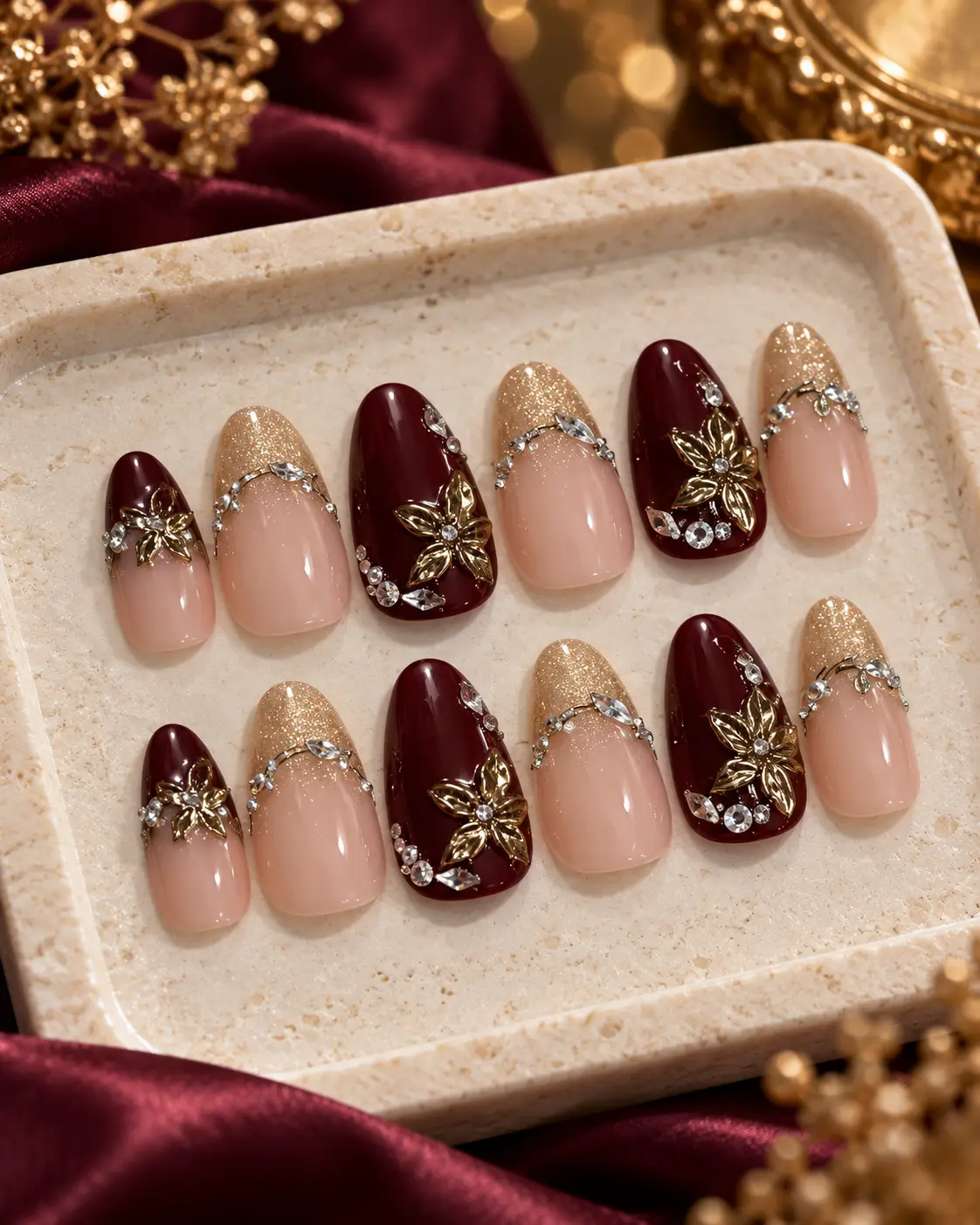 Burgundy Gold Bridal Nail Elegance-7