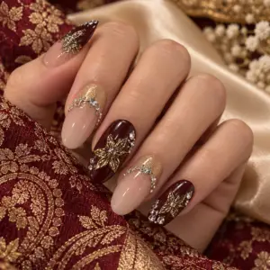 Burgundy Gold Floral Bridal Press-On Nails