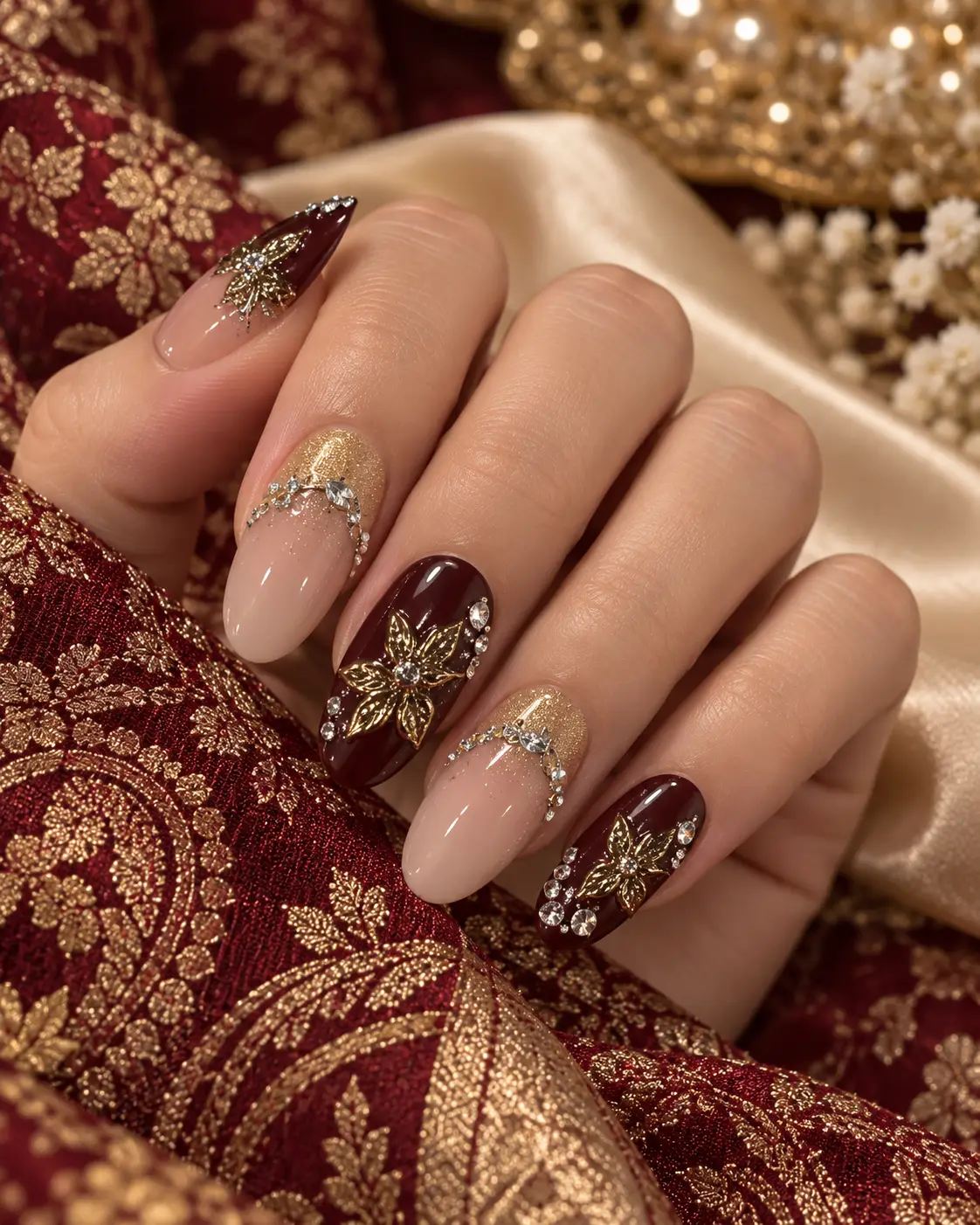 Burgundy Gold Bridal Nail Elegance-7