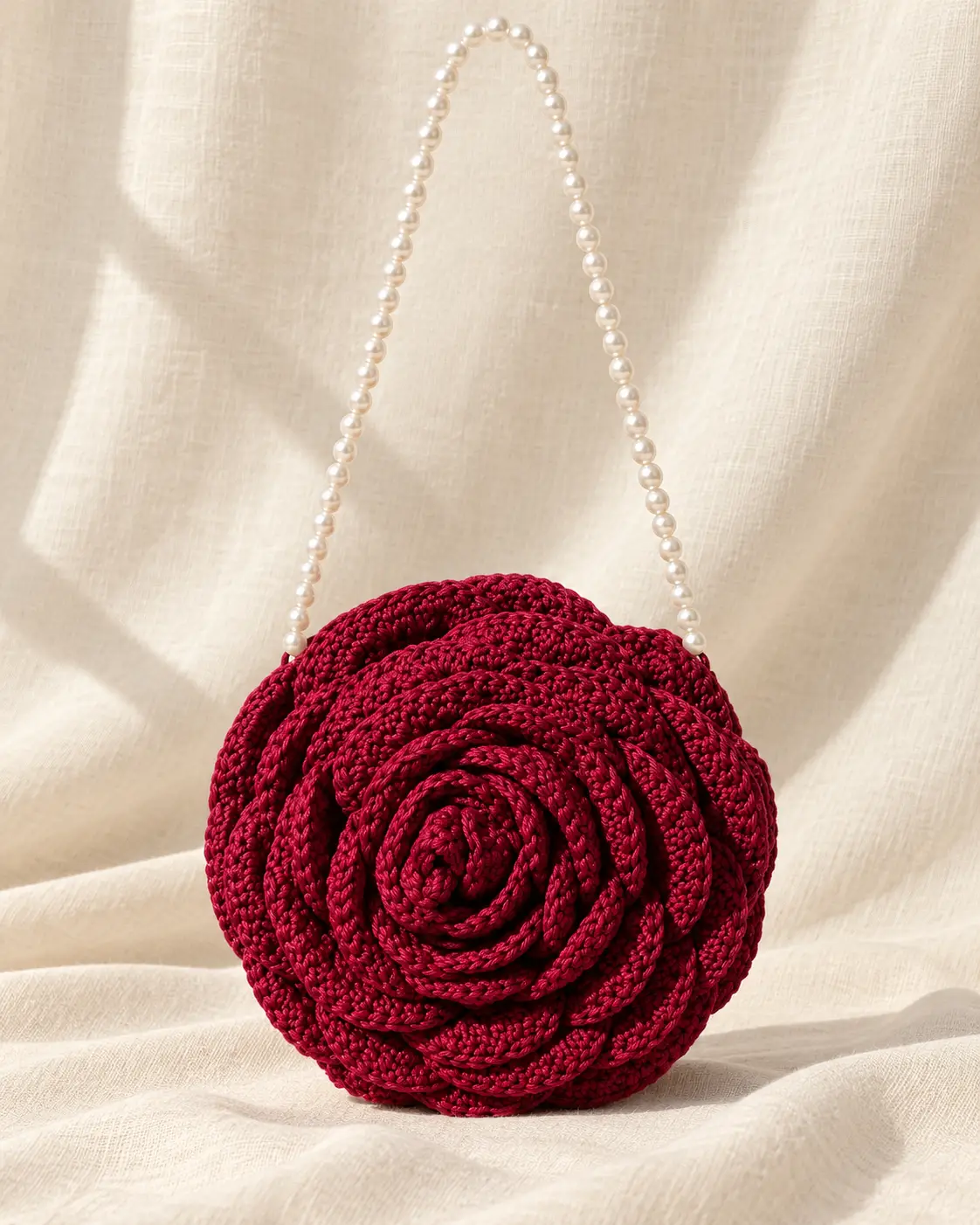 Burgundy Rose Crochet Bag with Pearl Handle-2