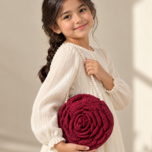 Burgundy Rose Crochet Bag with Pearl-Style Strap