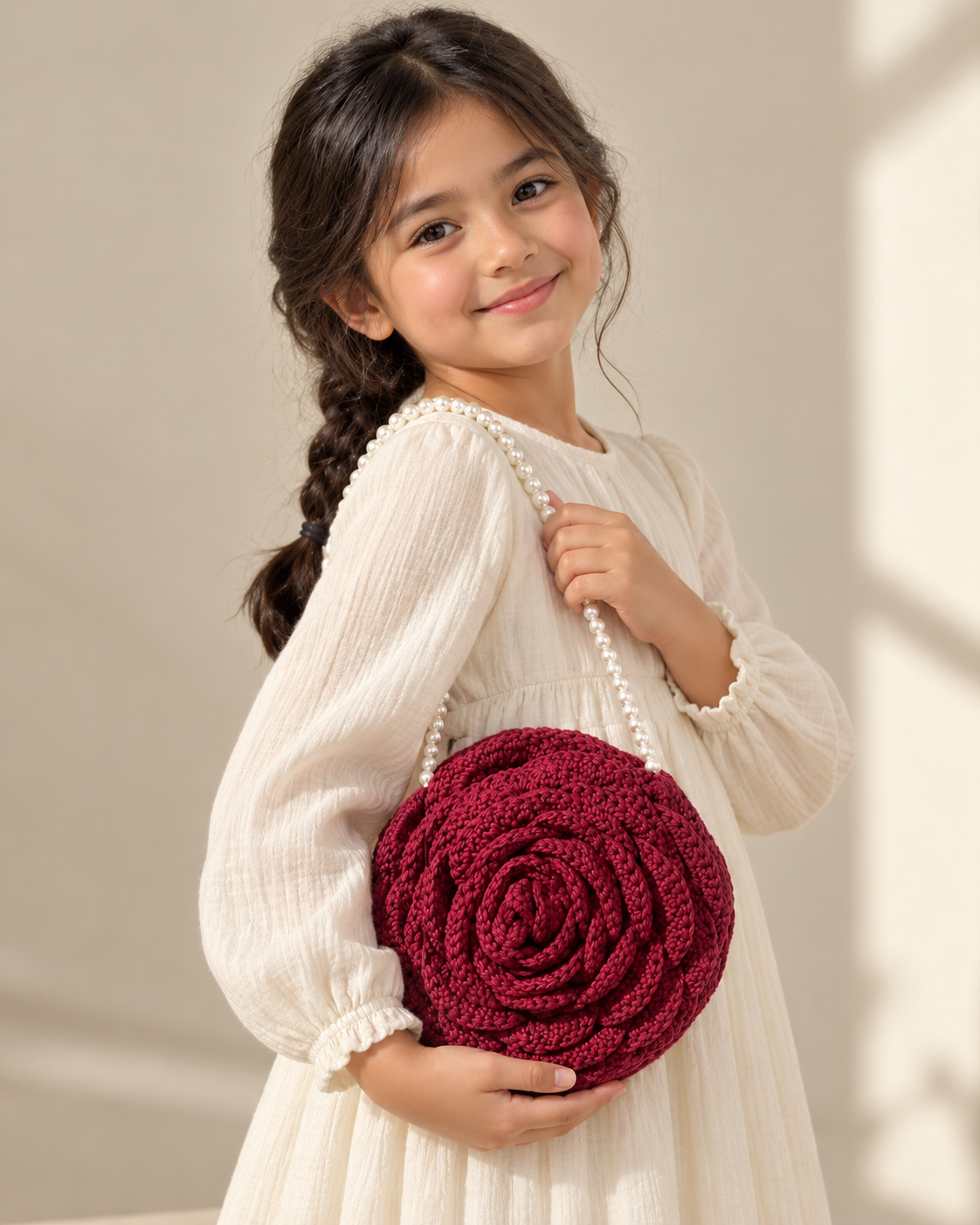 Burgundy Rose Crochet Bag with Pearl Handle-2