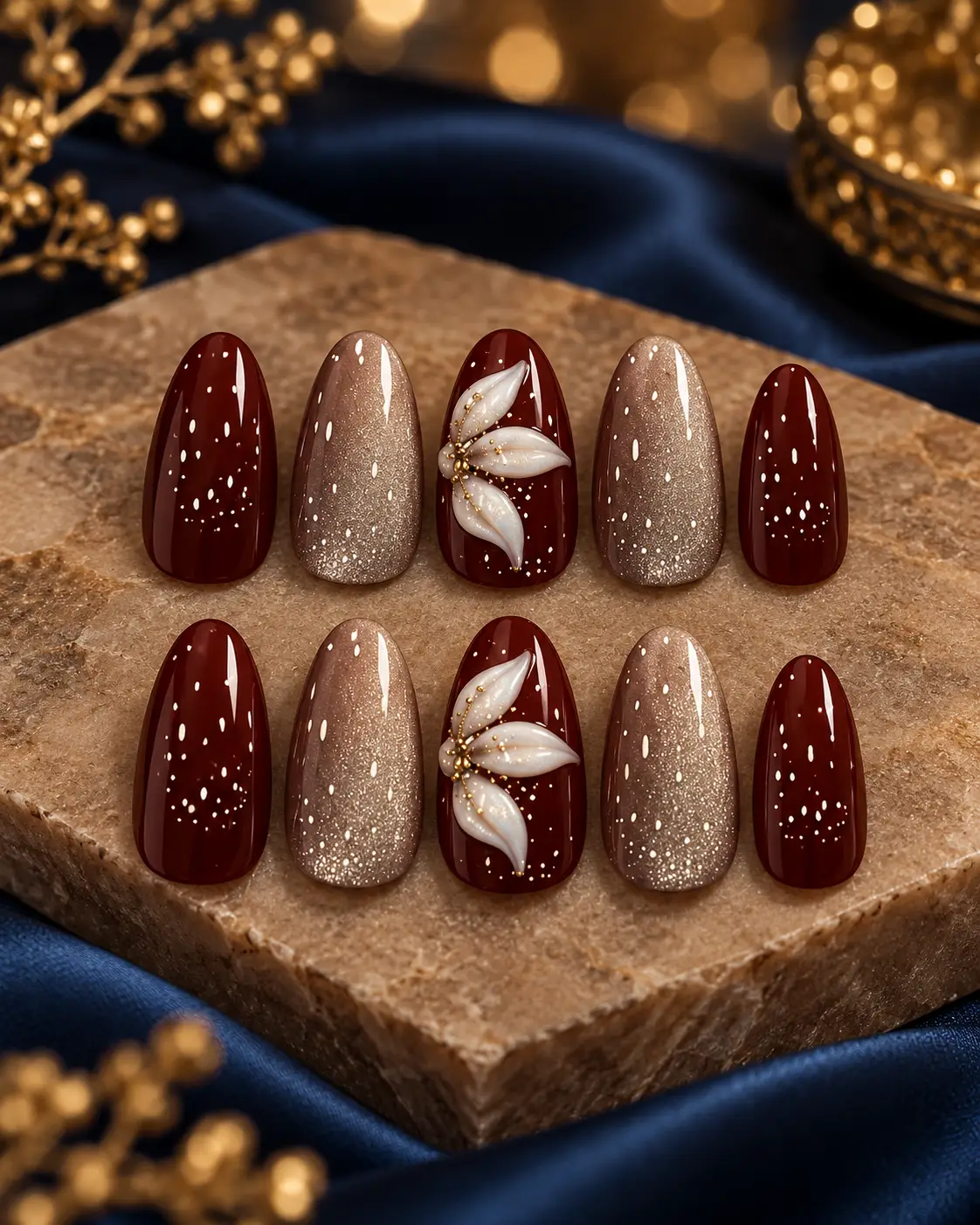 Burgundy Champagne Floral Nail Set-2