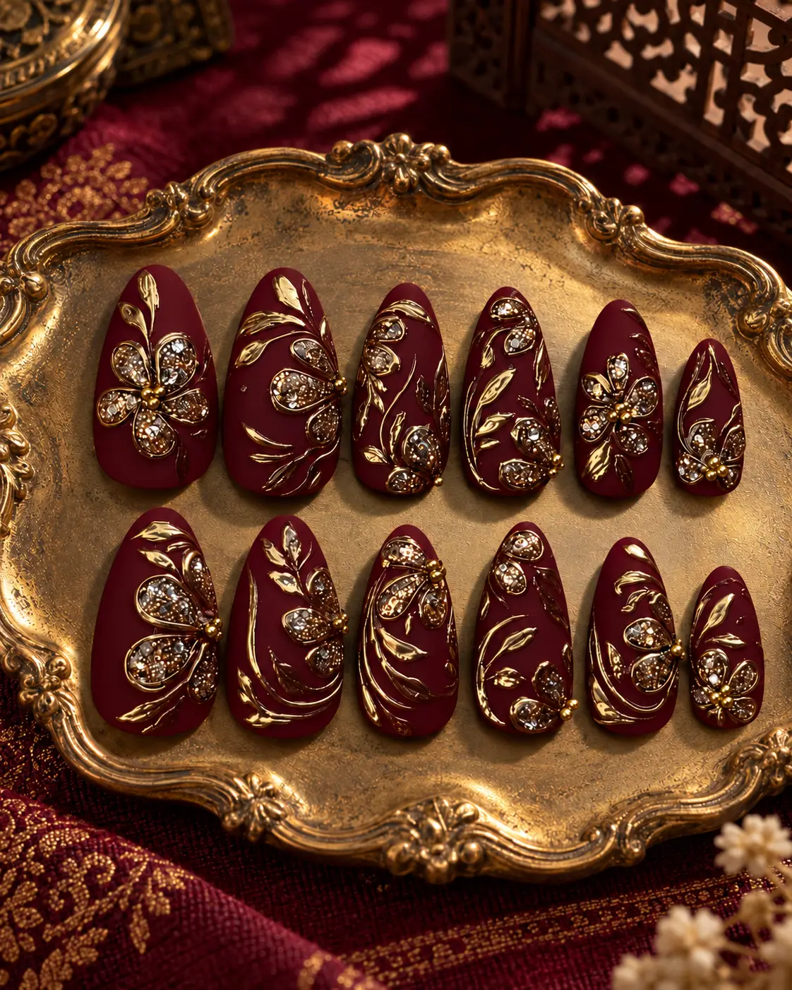 Burgundy manicure with intricate gold embroidery