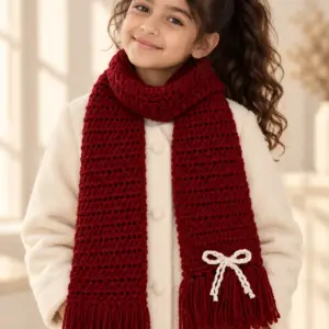 Burgundy Crochet Fringe Scarf with Ivory Bow