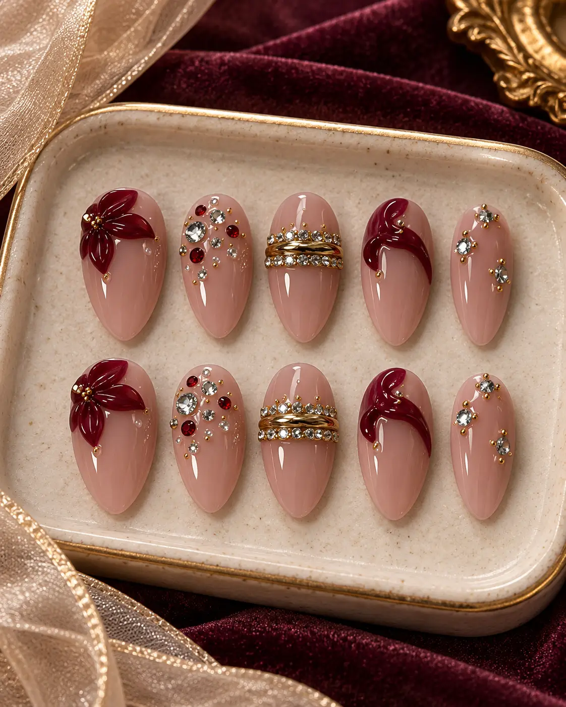 Luxury Burgundy Floral Bridal Nails-5