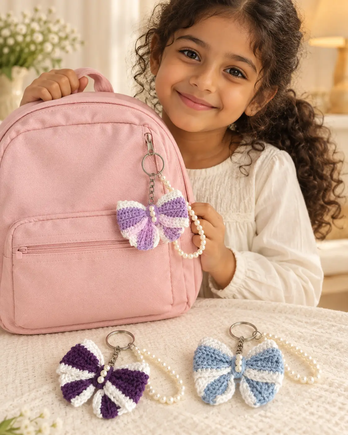 Butterfly Crochet Keychains on a Pink Backpack-3