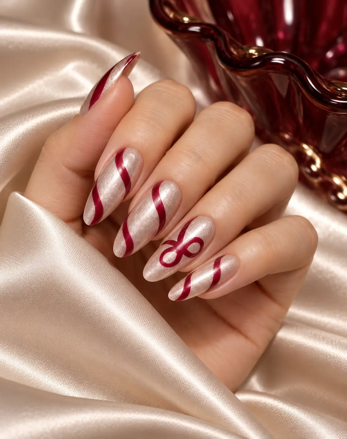 Champagne Pearlescent Ribbon Nails-16