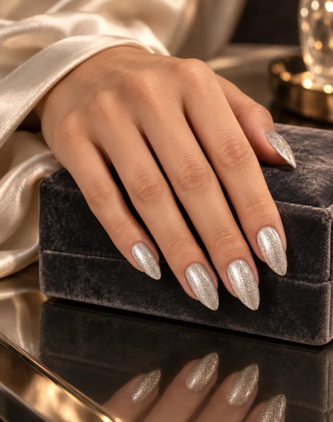 Champagne glitter almond nails on velvet-16
