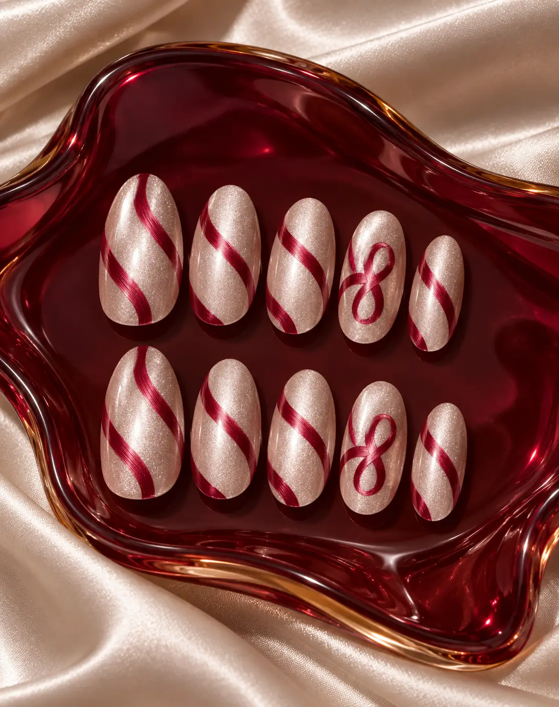 Champagne Pearlescent Ribbon Nails-16