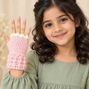 Kids’ Blush Pink Crochet Wrist Warmer with Ivory Trim