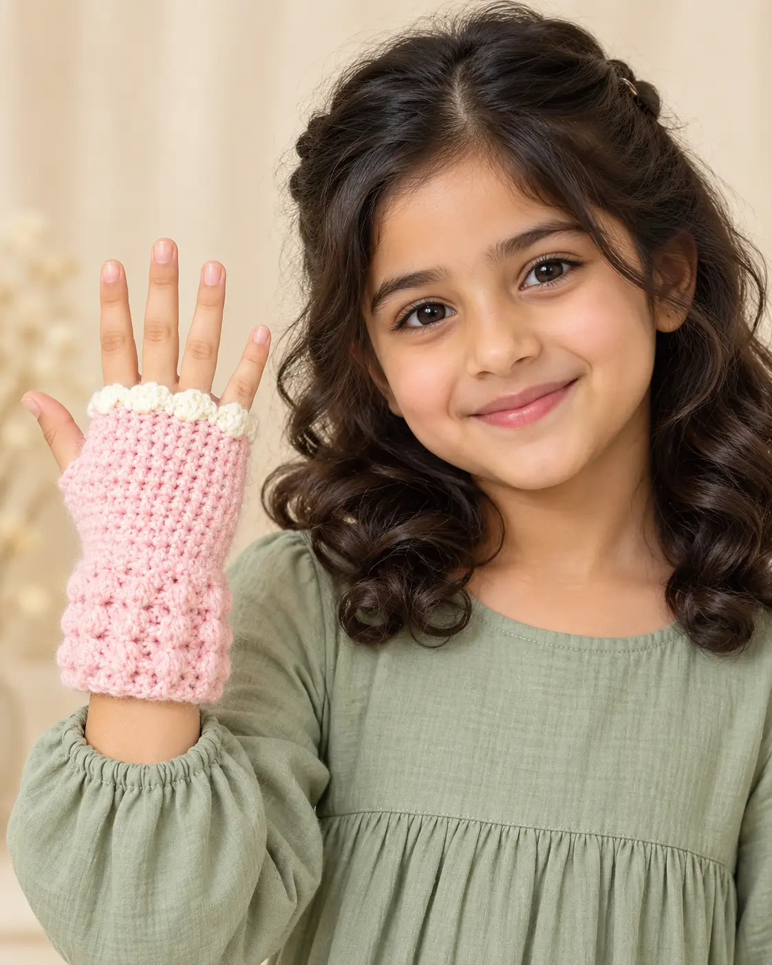 Child wearing a pink crochet wrist warmer