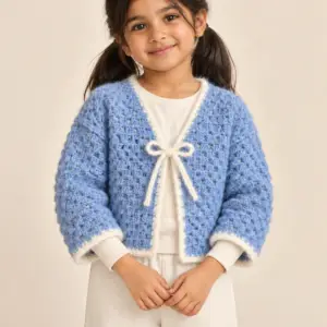 Kids’ Sky Blue Crochet Cardigan with Ivory Bow