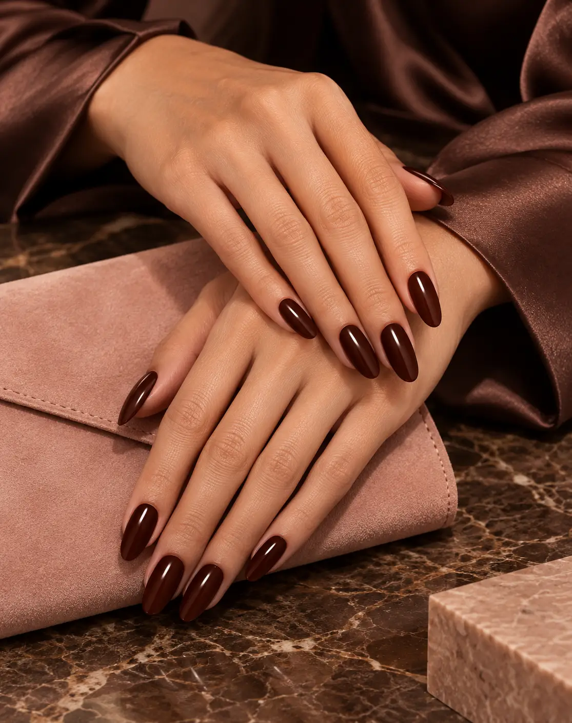 Chocolate almond nails beside blush suede clutch-4