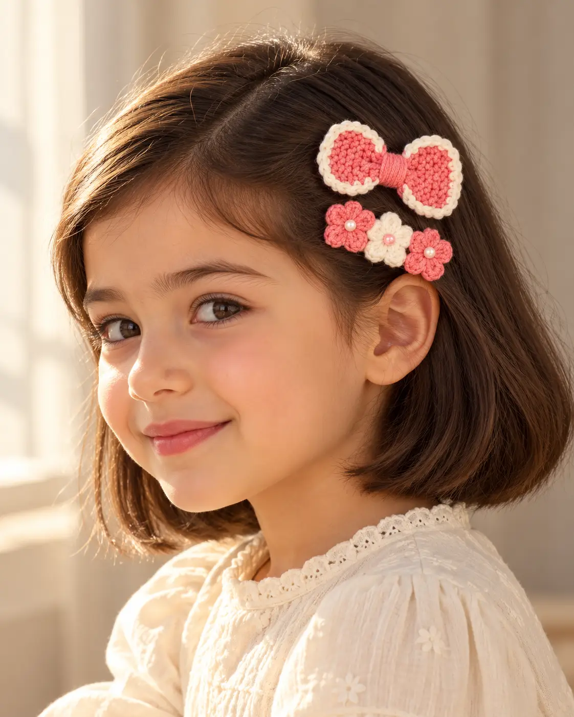 Coral Crochet Hair Clips on Child-1