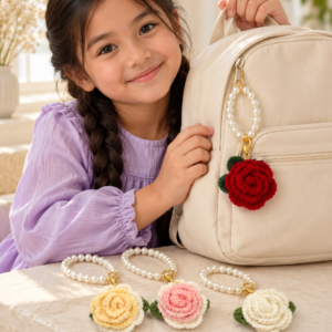 Crochet Rose Bag Charm with Pearl-Style Loop