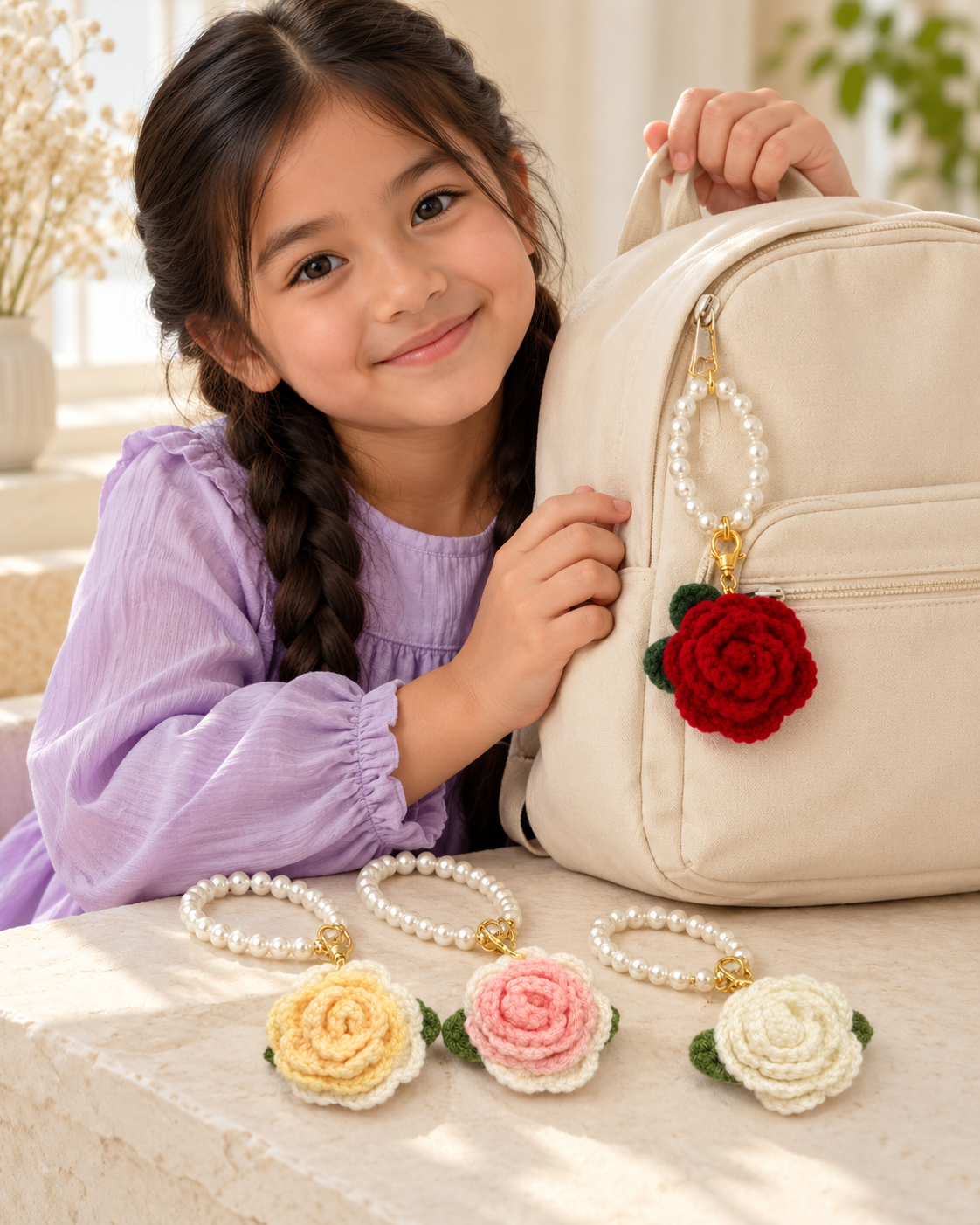 Crochet rose pearl charms on a backpack-1