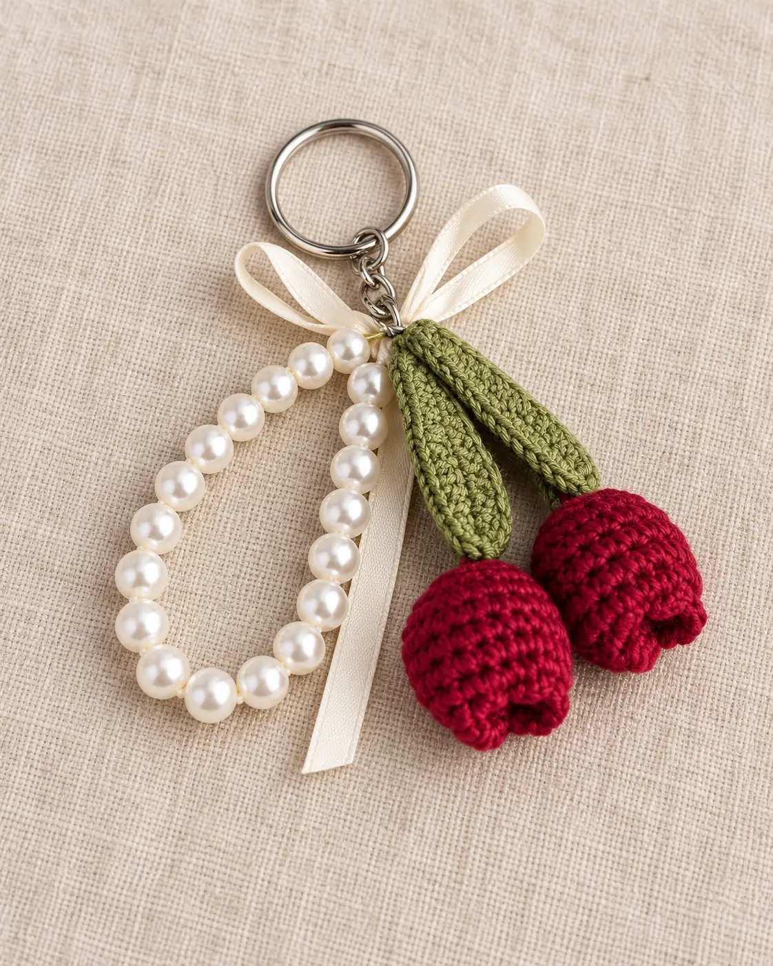 Burgundy Crochet Tulip Keychain on Cream Backpack-1