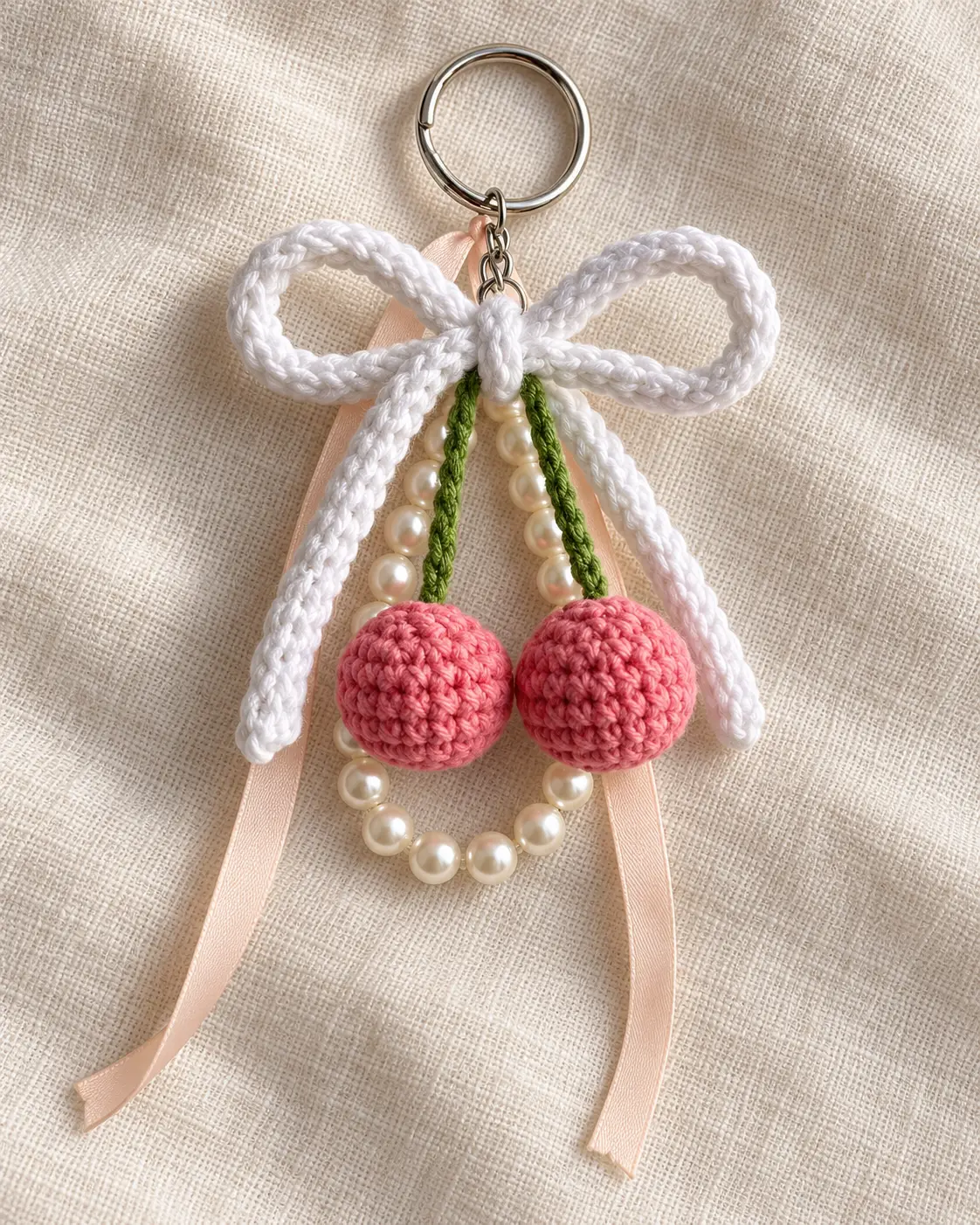 Pink cherry crochet keychain on beige bag-5