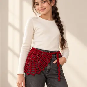 Deep Red Spiderweb Crochet Waist Bandana with Tie Straps
