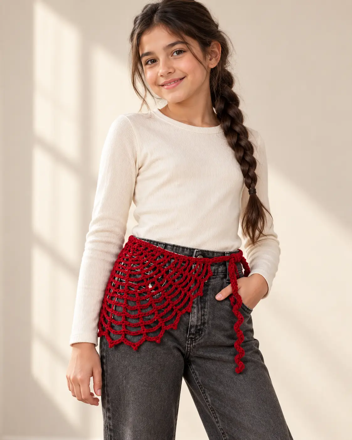 Deep-red crochet spiderweb waist bandana-6