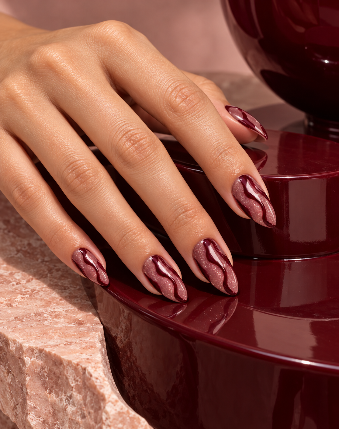Dusty rose almond nails with burgundy waves-1