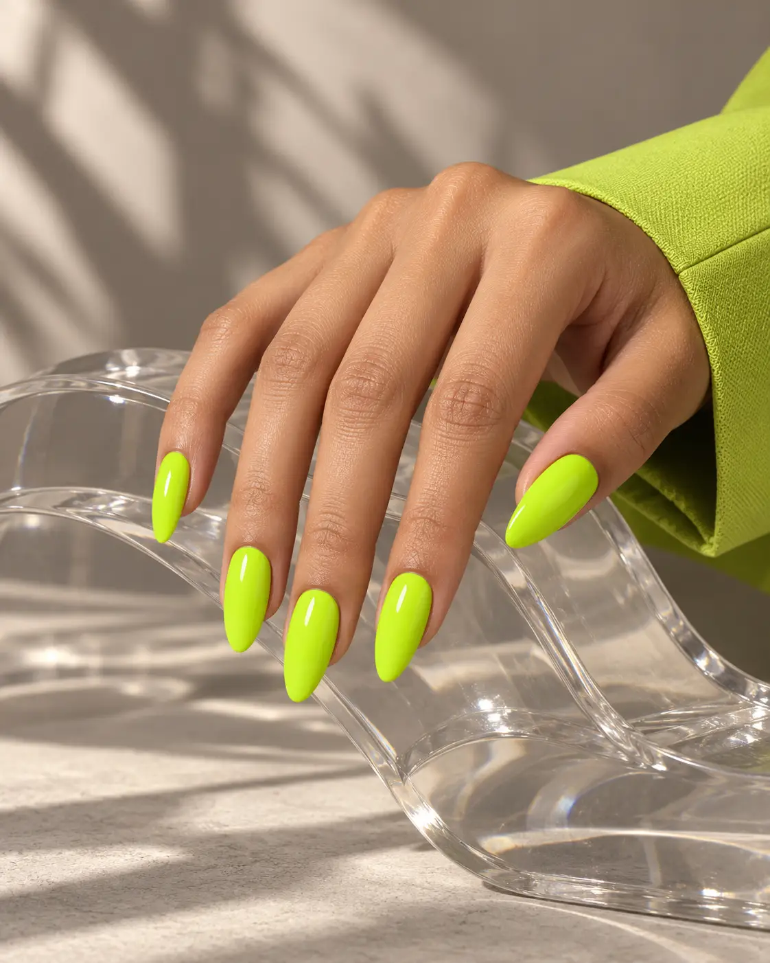 Fluorescent chartreuse nails over clear acrylic-4