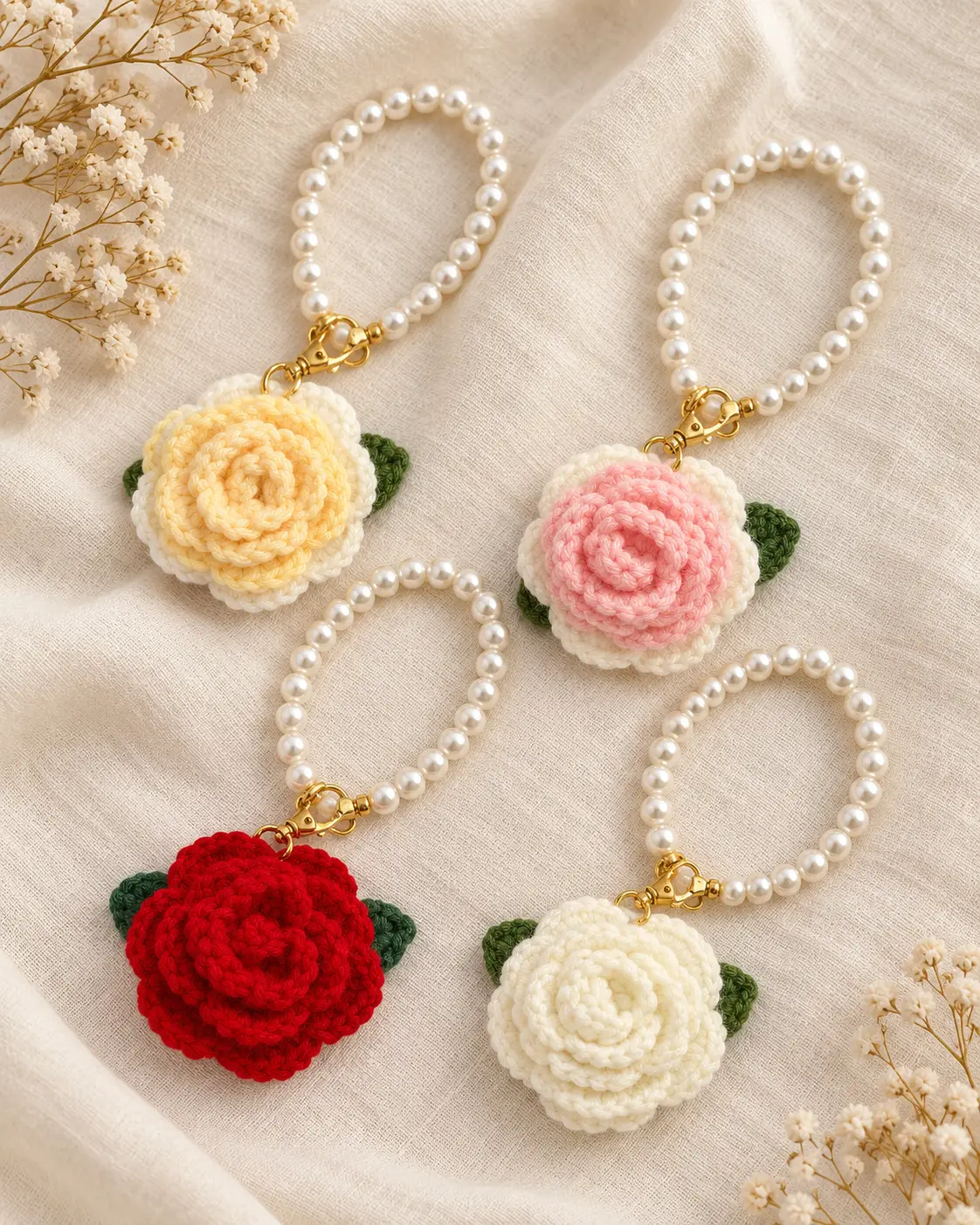 Crochet rose pearl charms on a backpack-1