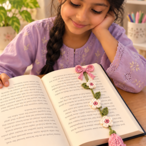 Dusty Pink & Ivory Floral Crochet Bookmark