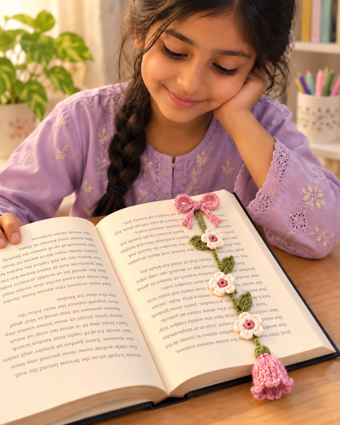Girl reading an upside-down storybook
