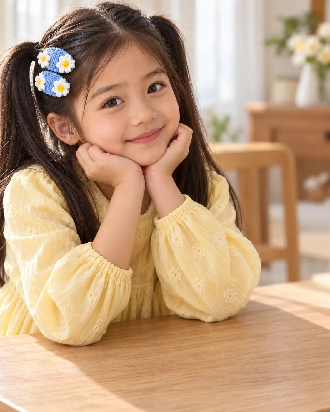 Girl with crochet daisies at clean table