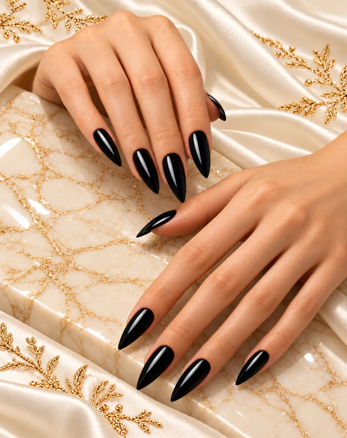 Glossy Black Stiletto Nails on Marble
