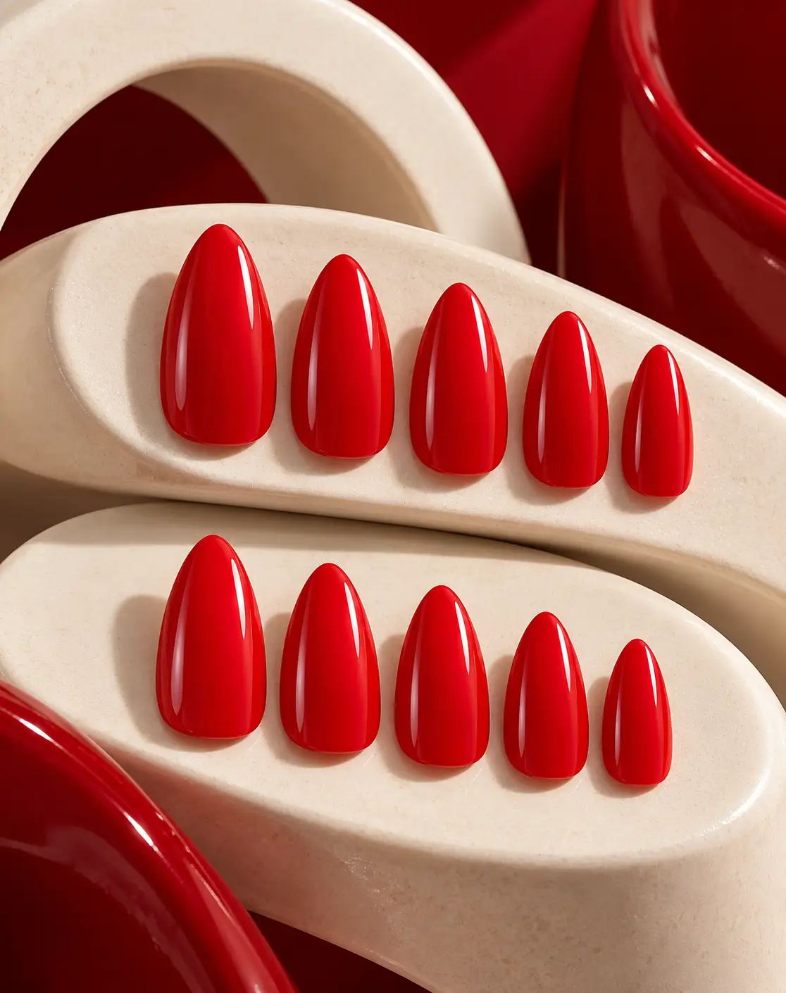 Glossy cherry red nails on ceramic arcs-10