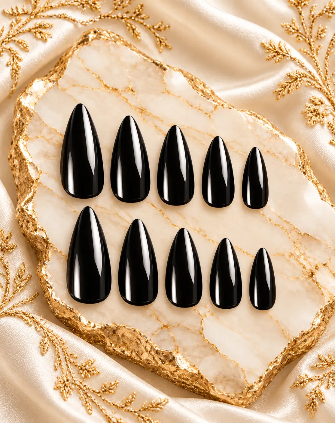 Glossy Black Stiletto Nails on Marble