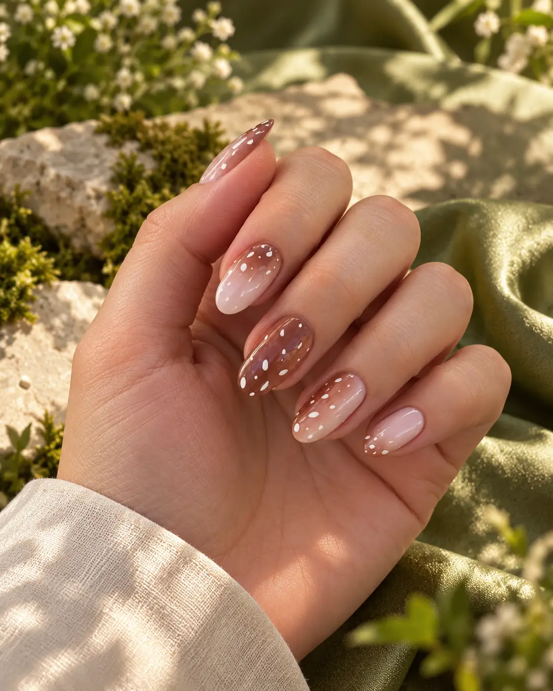 Glossy blush-chocolate spotted manicure-8