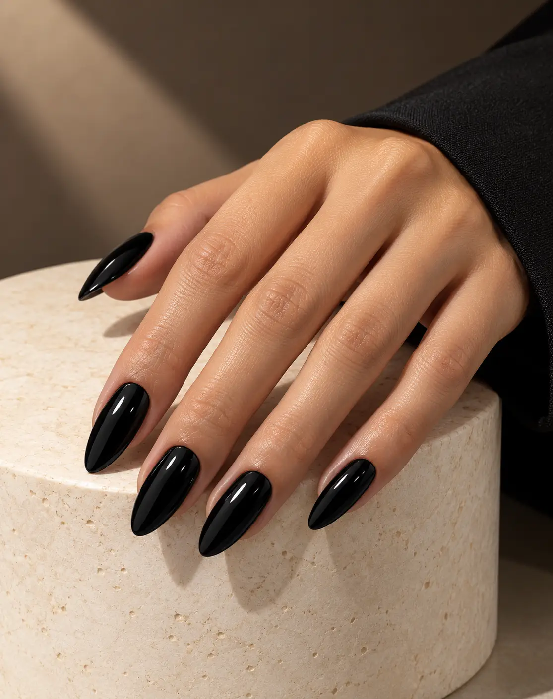 Glossy jet-black almond nails-5