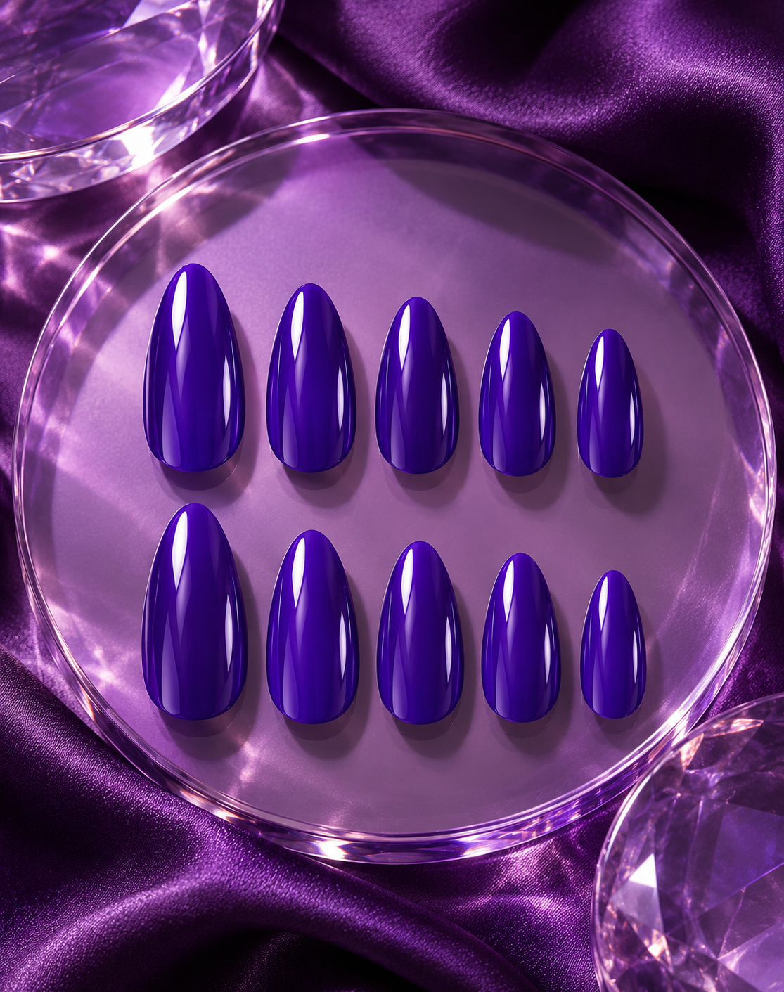 Glossy Violet Nails on Purple Satin