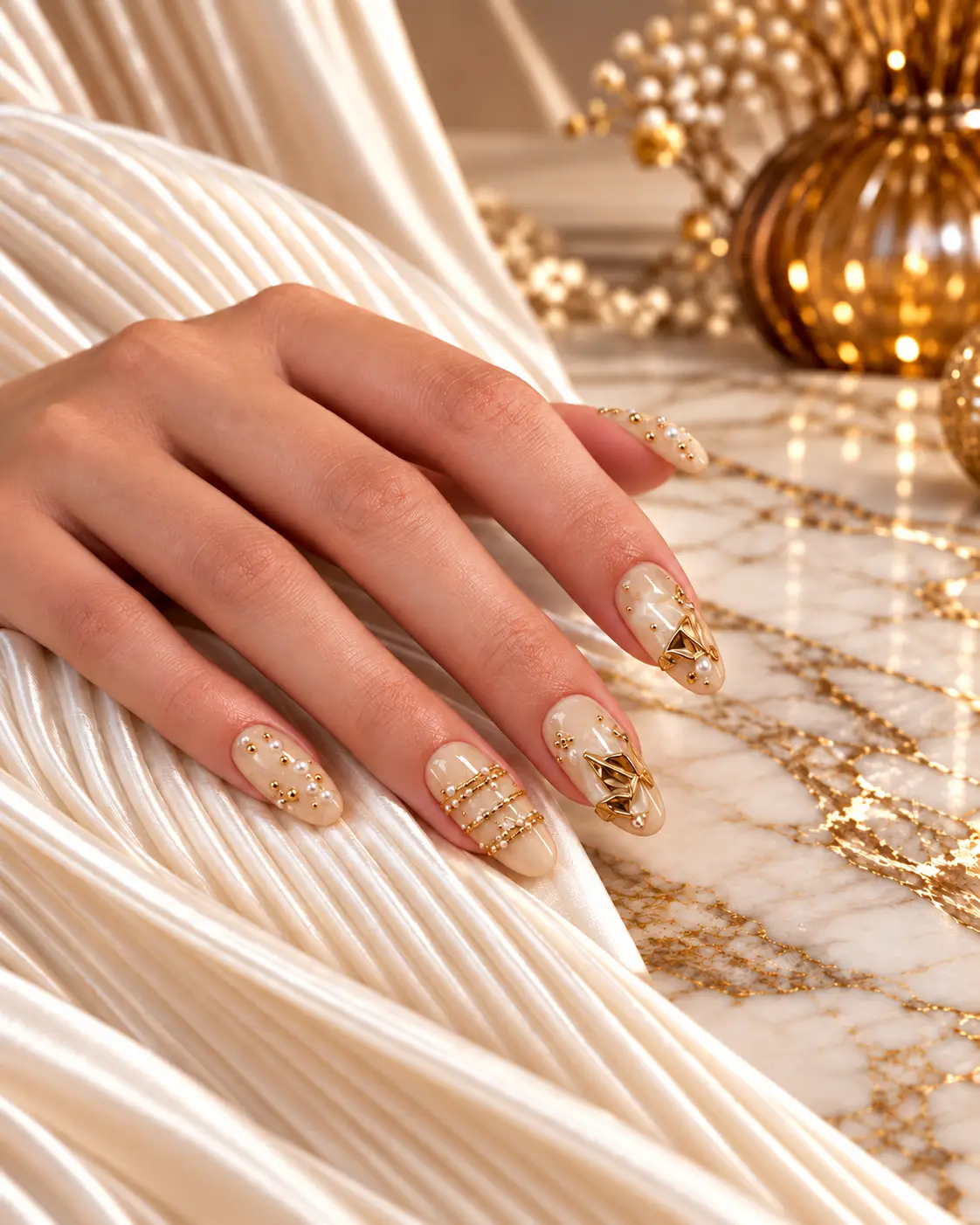 Gold leaf manicure on ivory satin