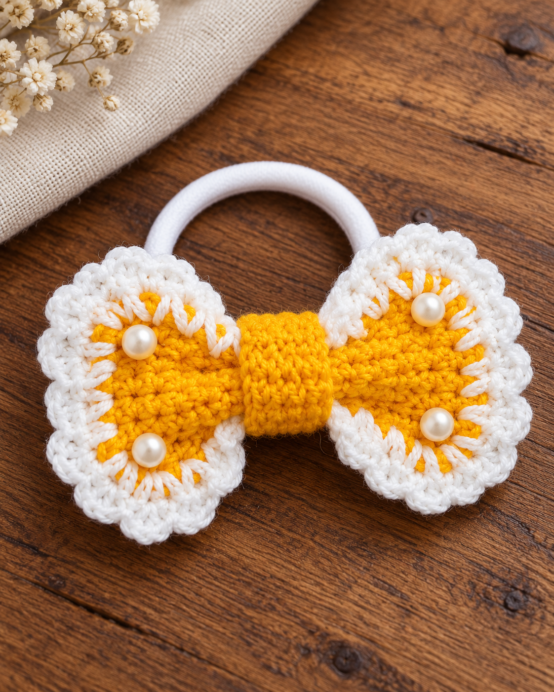 Plum kurta and yellow crochet bow