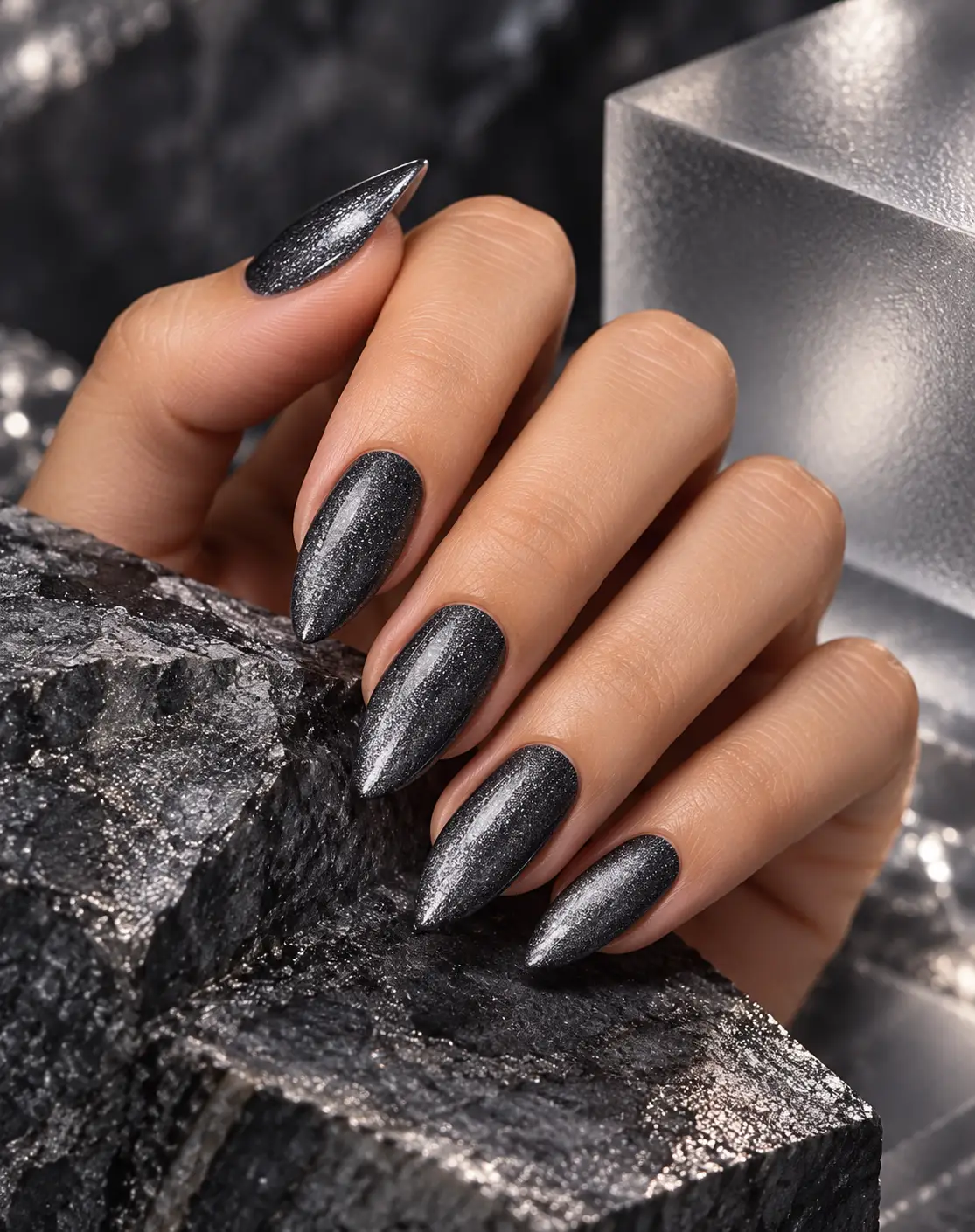 Gunmetal shimmer almond nails-4