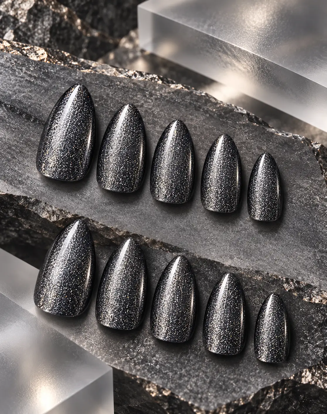 Gunmetal shimmer almond nails-4