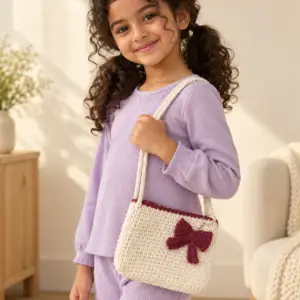 Ivory Crochet Shoulder Bag with Burgundy Bow