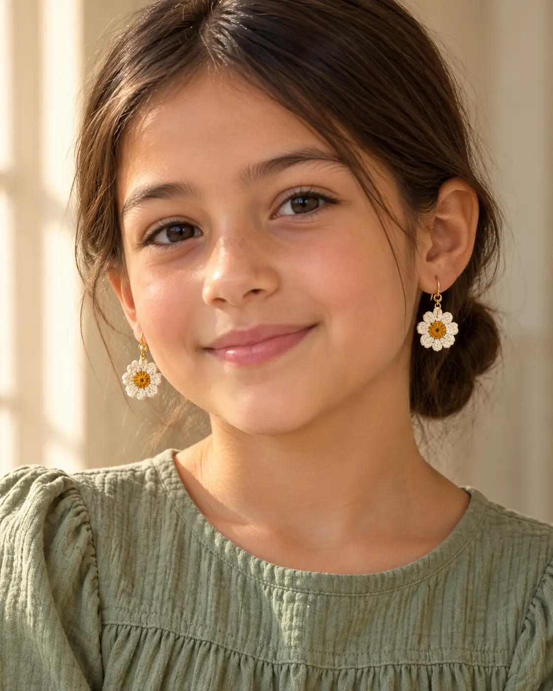 Ivory Crochet Daisy Earrings Worn Naturally-5