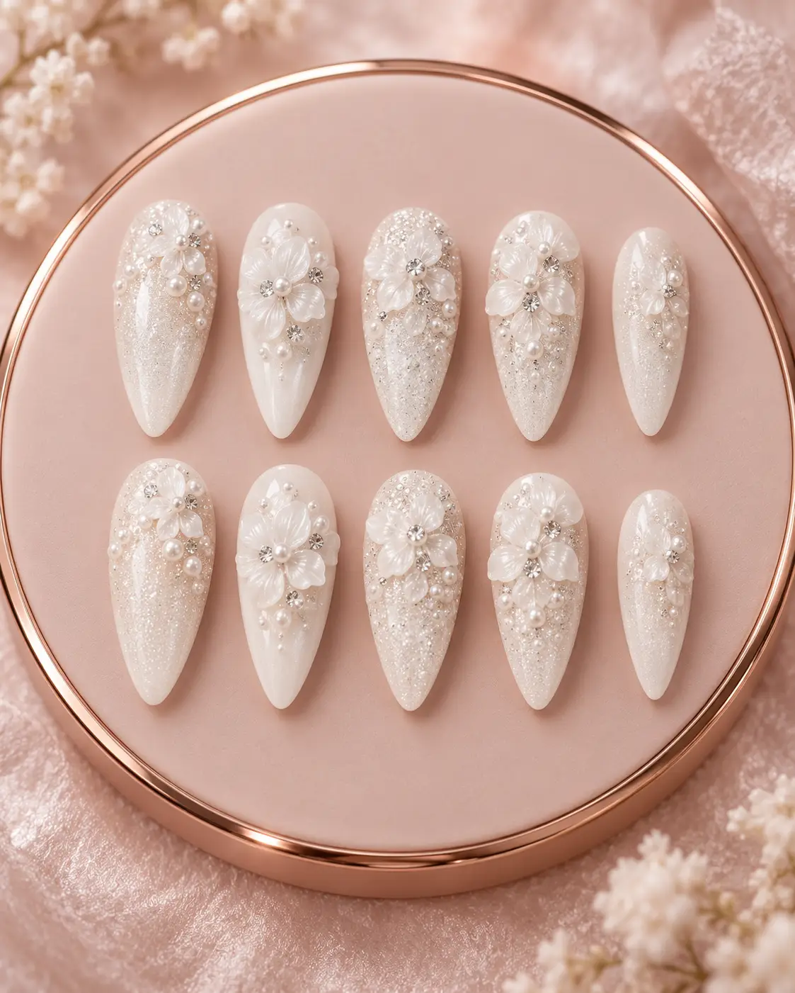 Ivory floral bridal nails on rose gold-9